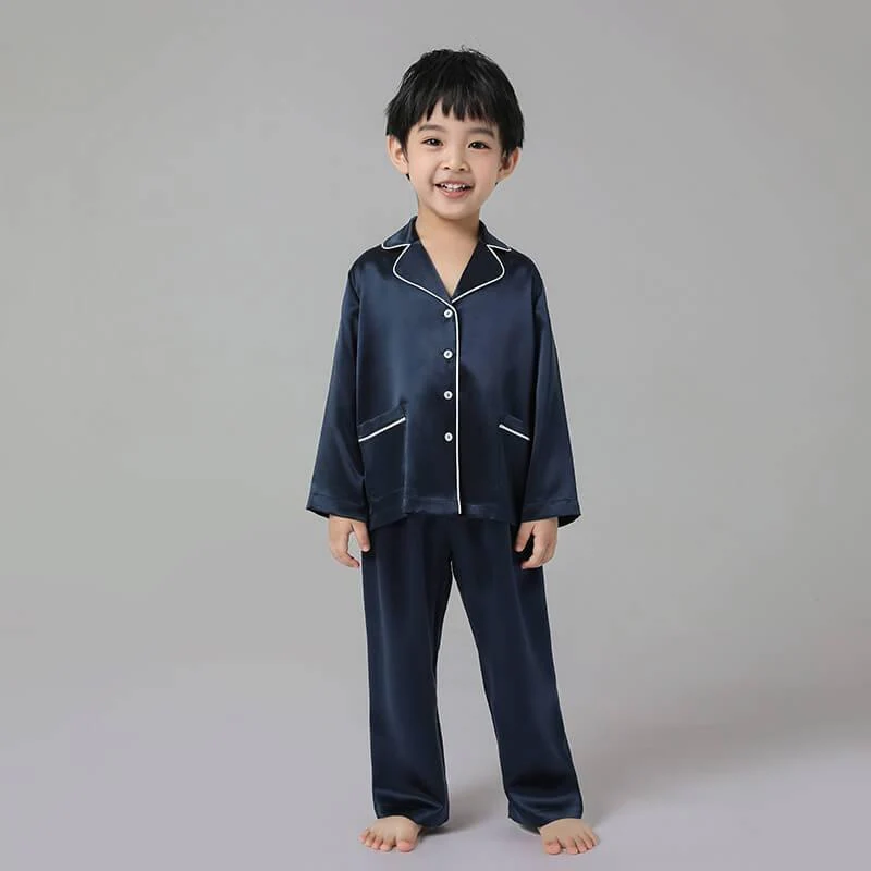 Conjunto de pijama clásico de seda de manga larga para niño con ribetes - Imagen 9