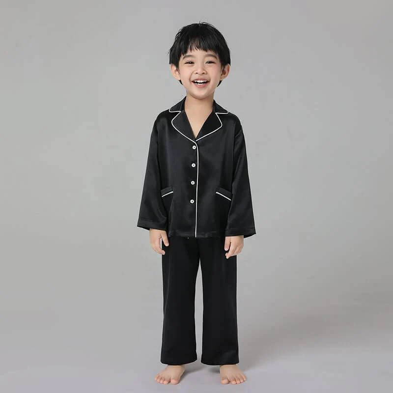 Conjunto de pijama clásico de seda de manga larga para niño con ribetes - Imagen 3