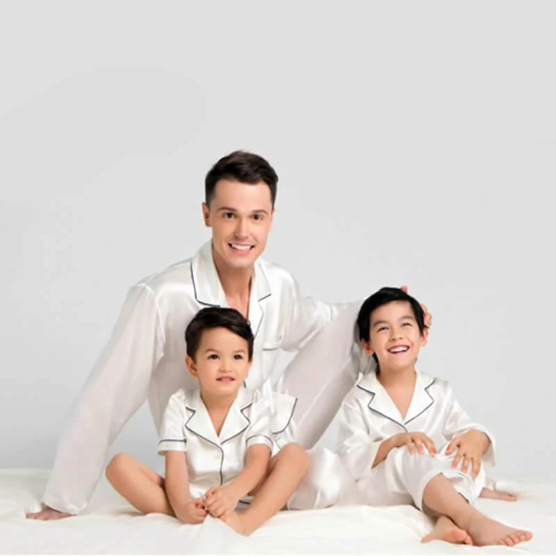 Conjunto de pijama clásico de seda de manga larga para niño con ribetes - Imagen 8