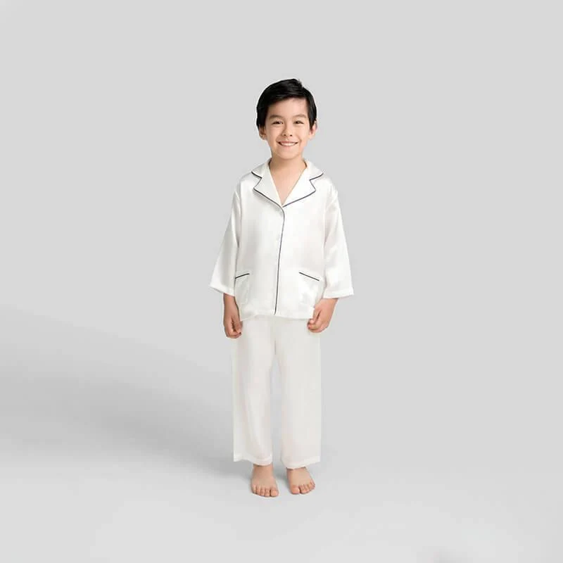 Conjunto de pijama clásico de seda de manga larga para niño con ribetes - Imagen 7