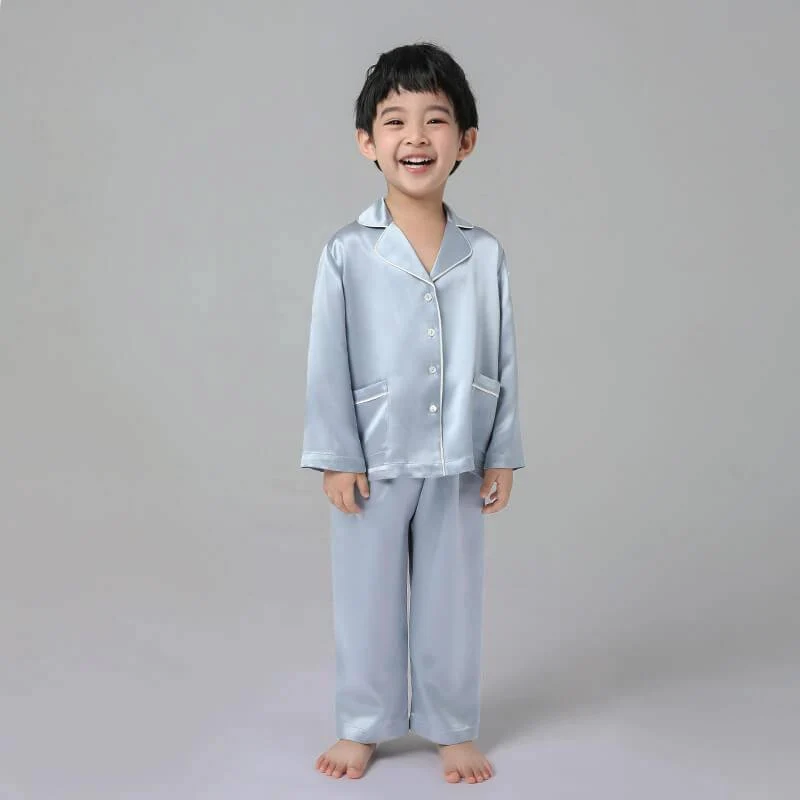 Conjunto de pijama clásico de seda de manga larga para niño con ribetes - Imagen 5