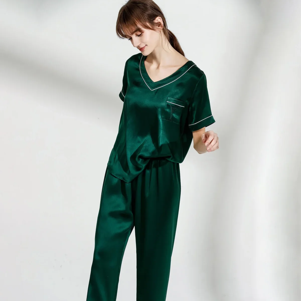 Pajamas de seda para pareja Pjs V cuello Pajamas de seda pura - Imagen 5