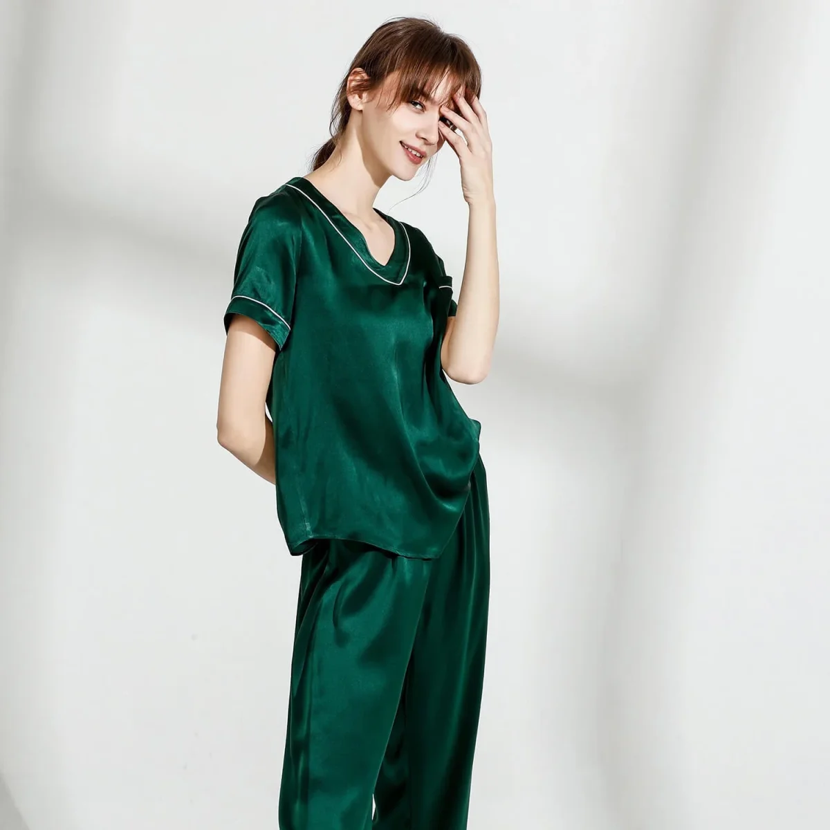 Pajamas de seda para pareja Pjs V cuello Pajamas de seda pura - Imagen 6