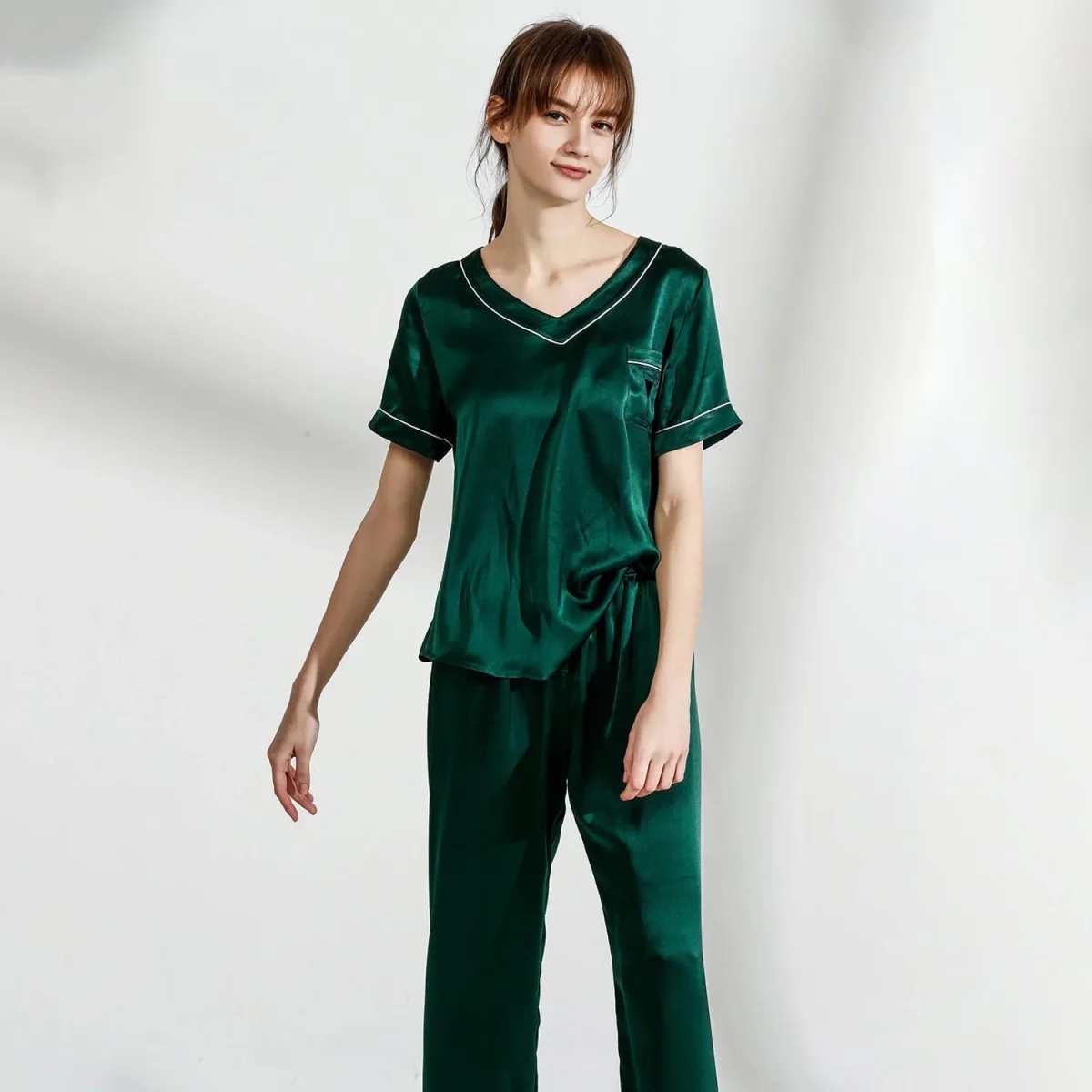 Pajamas de seda para pareja Pjs V cuello Pajamas de seda pura - Imagen 4