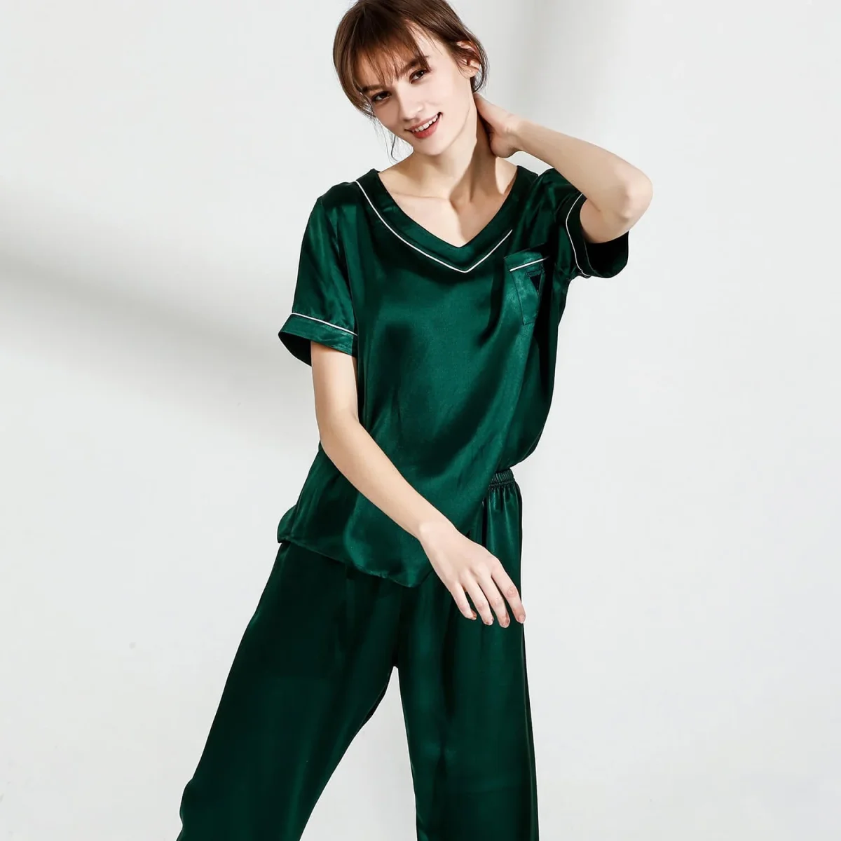 Pajamas de seda para pareja Pjs V cuello Pajamas de seda pura - Imagen 8
