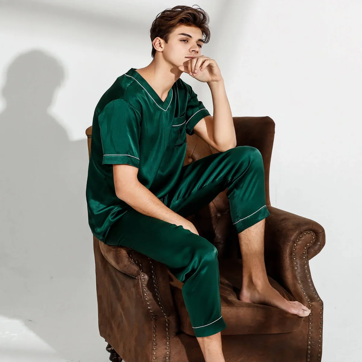 Pajamas de seda para pareja Pjs V cuello Pajamas de seda pura - Imagen 3