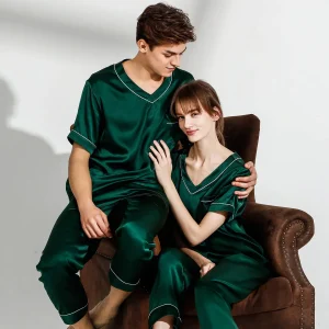 Pajamas de seda para pareja Pjs V cuello Pajamas de seda pura
