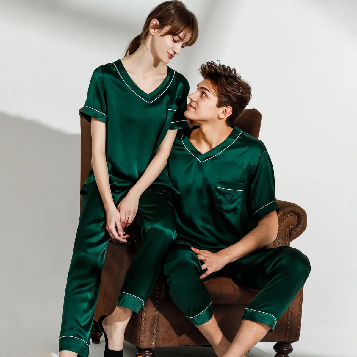 Pajamas de seda para pareja Pjs V cuello Pajamas de seda pura - Imagen 9