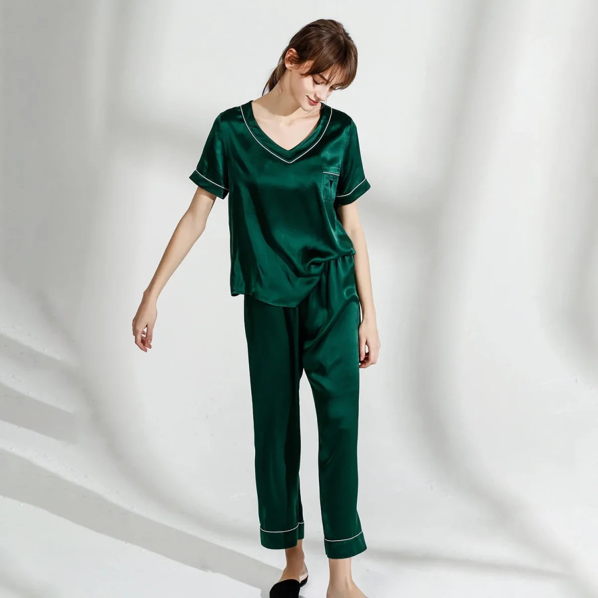 Pajamas de seda para pareja Pjs V cuello Pajamas de seda pura - Imagen 7