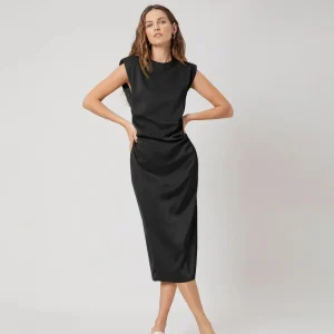Vestido de seda con hombros ajustados de primera calidad, elegante vestido de seda de longitud para mujer