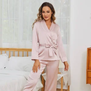 Conjunto de bata y pijama de seda para mujer Ropa de dormir de seda de dos piezas