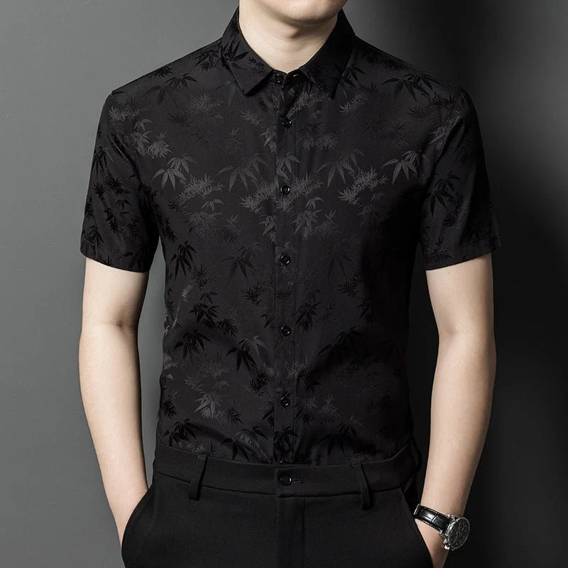 Camisas de seda para hombre Camisa de vestir de seda jacquard de bambú de manga corta - Imagen 6