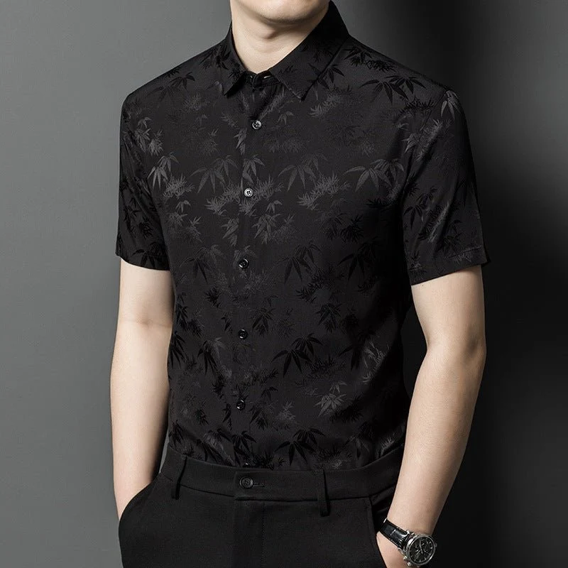 Camisas de seda para hombre Camisa de vestir de seda jacquard de bambú de manga corta - Imagen 7