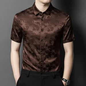 Camisas de seda para hombre Camisa de vestir de seda jacquard de bambú de manga corta