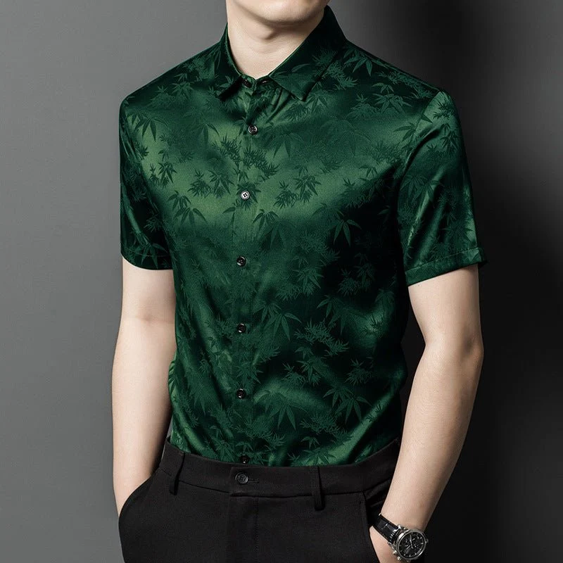 Camisas de seda para hombre Camisa de vestir de seda jacquard de bambú de manga corta - Imagen 9