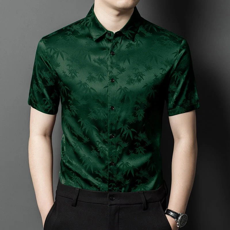 Camisas de seda para hombre Camisa de vestir de seda jacquard de bambú de manga corta - Imagen 8