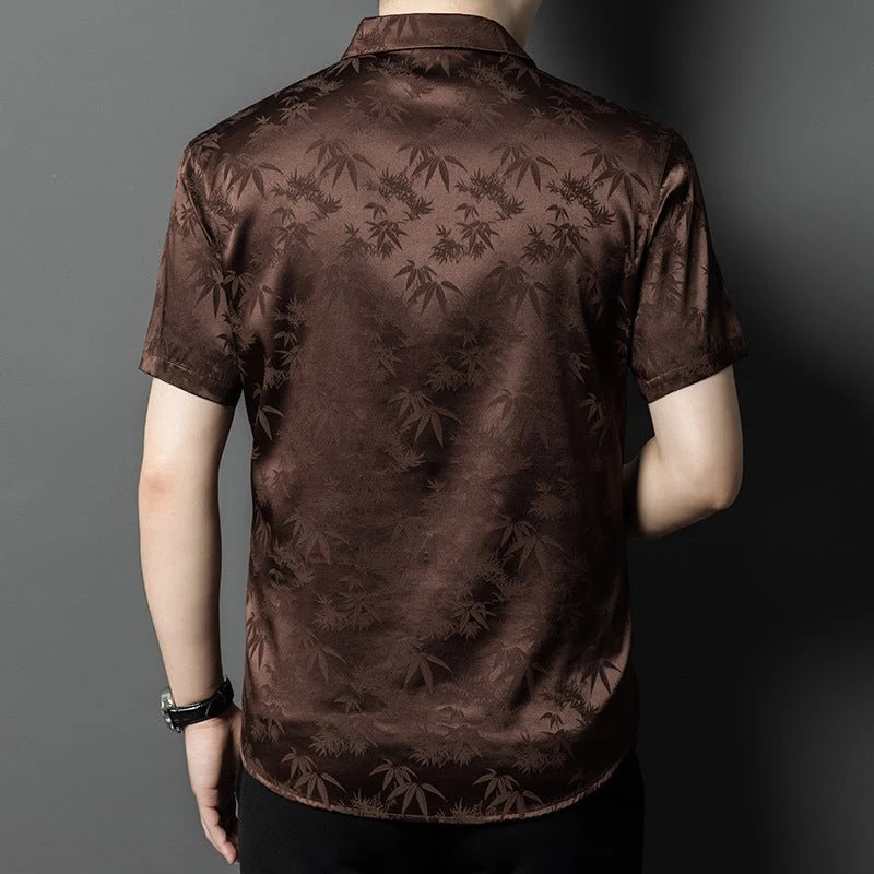 Camisas de seda para hombre Camisa de vestir de seda jacquard de bambú de manga corta - Imagen 4