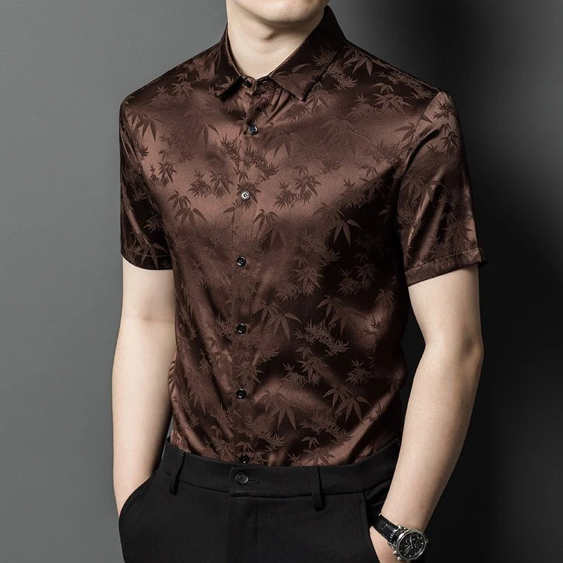 Camisas de seda para hombre Camisa de vestir de seda jacquard de bambú de manga corta - Imagen 3