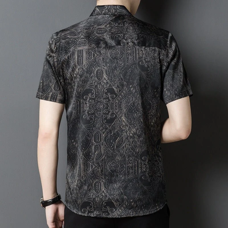 Camisas de seda para hombre Camisa de vestir de seda con estampado barroco de manga corta - Imagen 5