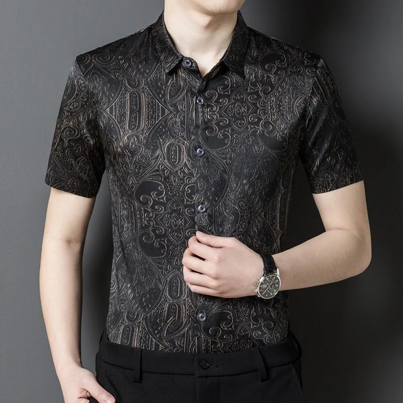 Camisas de seda para hombre Camisa de vestir de seda con estampado barroco de manga corta - Imagen 4