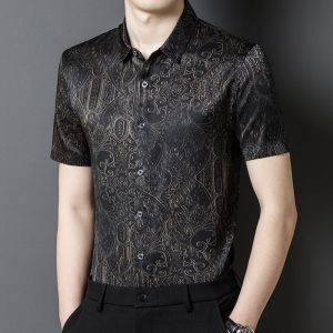 Camisas de seda para hombre Camisa de vestir de seda con estampado barroco de manga corta