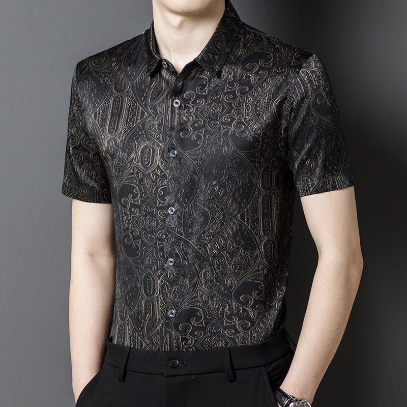 Camisas de seda para hombre Camisa de vestir de seda con estampado barroco de manga corta