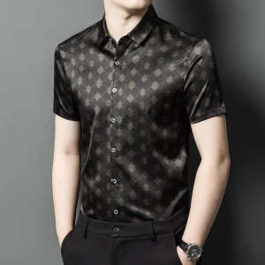 Camisas de seda para hombre Camisa de vestir de seda con estampado geométrico de diamantes de manga corta