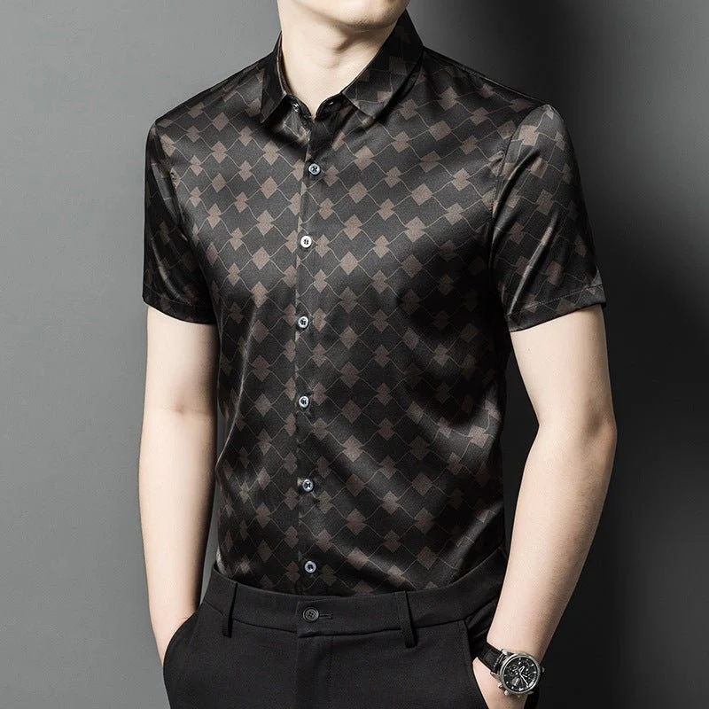 Camisas de seda para hombre Camisa de vestir de seda con estampado geométrico de diamantes de manga corta - Imagen 2