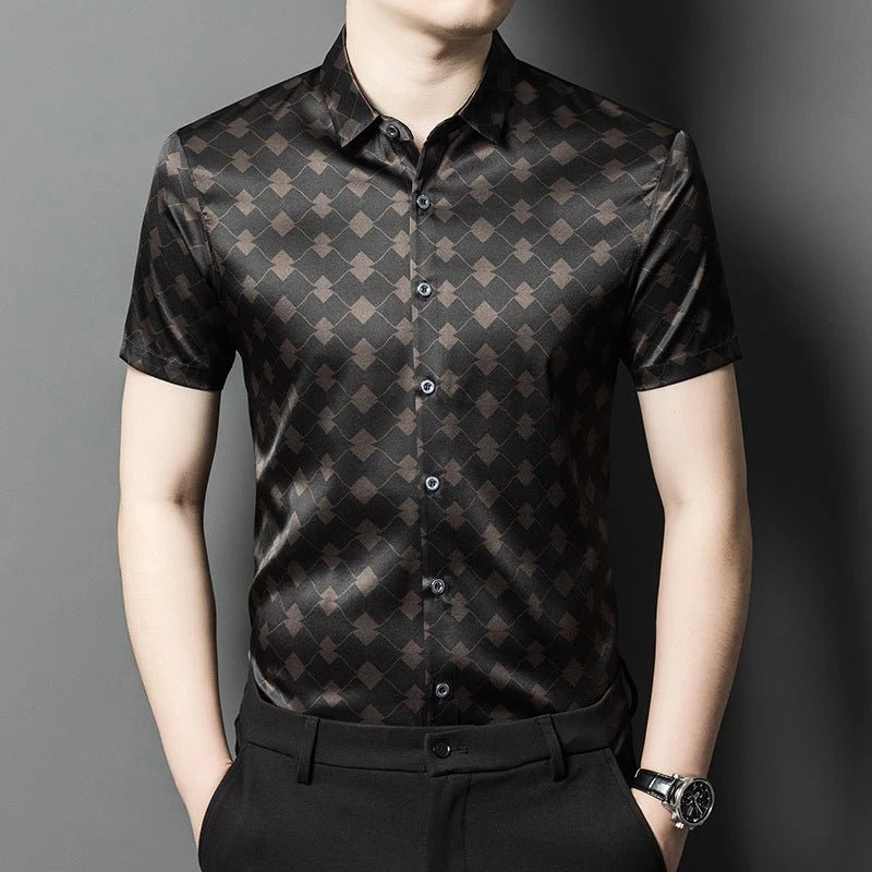 Camisas de seda para hombre Camisa de vestir de seda con estampado geométrico de diamantes de manga corta - Imagen 4