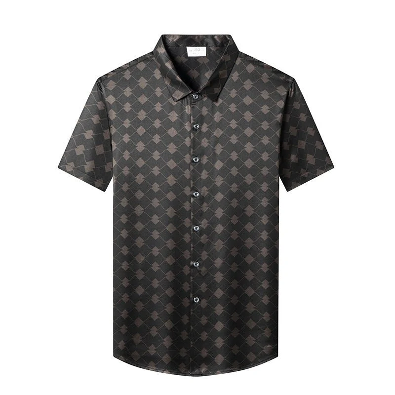 Camisas de seda para hombre Camisa de vestir de seda con estampado geométrico de diamantes de manga corta - Imagen 7