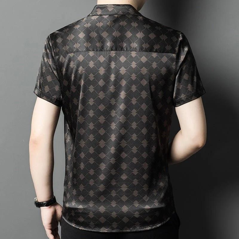 Camisas de seda para hombre Camisa de vestir de seda con estampado geométrico de diamantes de manga corta - Imagen 6