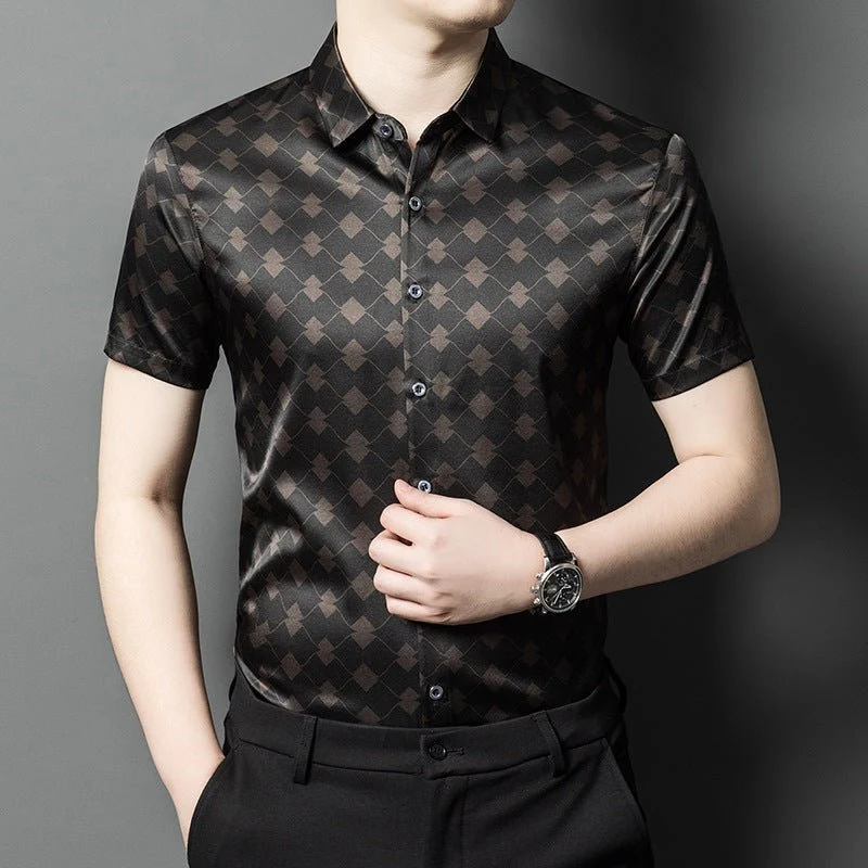 Camisas de seda para hombre Camisa de vestir de seda con estampado geométrico de diamantes de manga corta - Imagen 3
