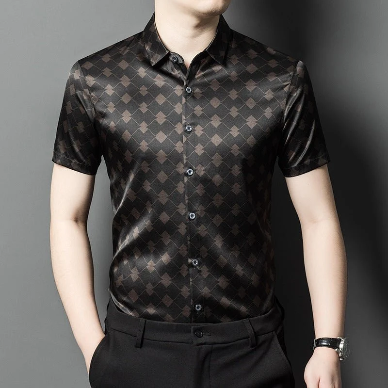 Camisas de seda para hombre Camisa de vestir de seda con estampado geométrico de diamantes de manga corta - Imagen 5