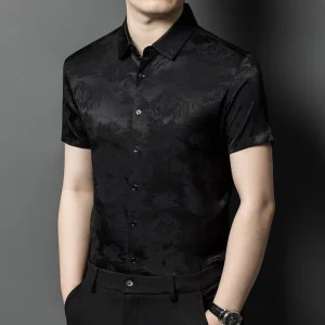 Camisas de seda para hombre Camisa con botones de seda jacquard de manga corta