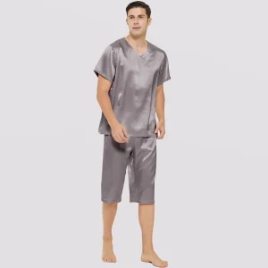 Pajama de seda corta para hombres Silk Silk Two Piece V Cuello Sleepwear de seda