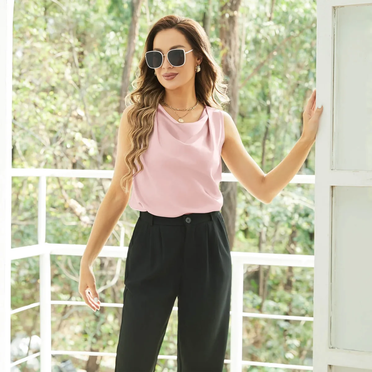 Camisetas sin mangas de seda para mujer Camisetas de seda con cuello vuelto para mujer - Imagen 9