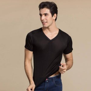 Camiseta de seda para hombre Camisetas de seda con cuello en V Camisetas interiores de seda