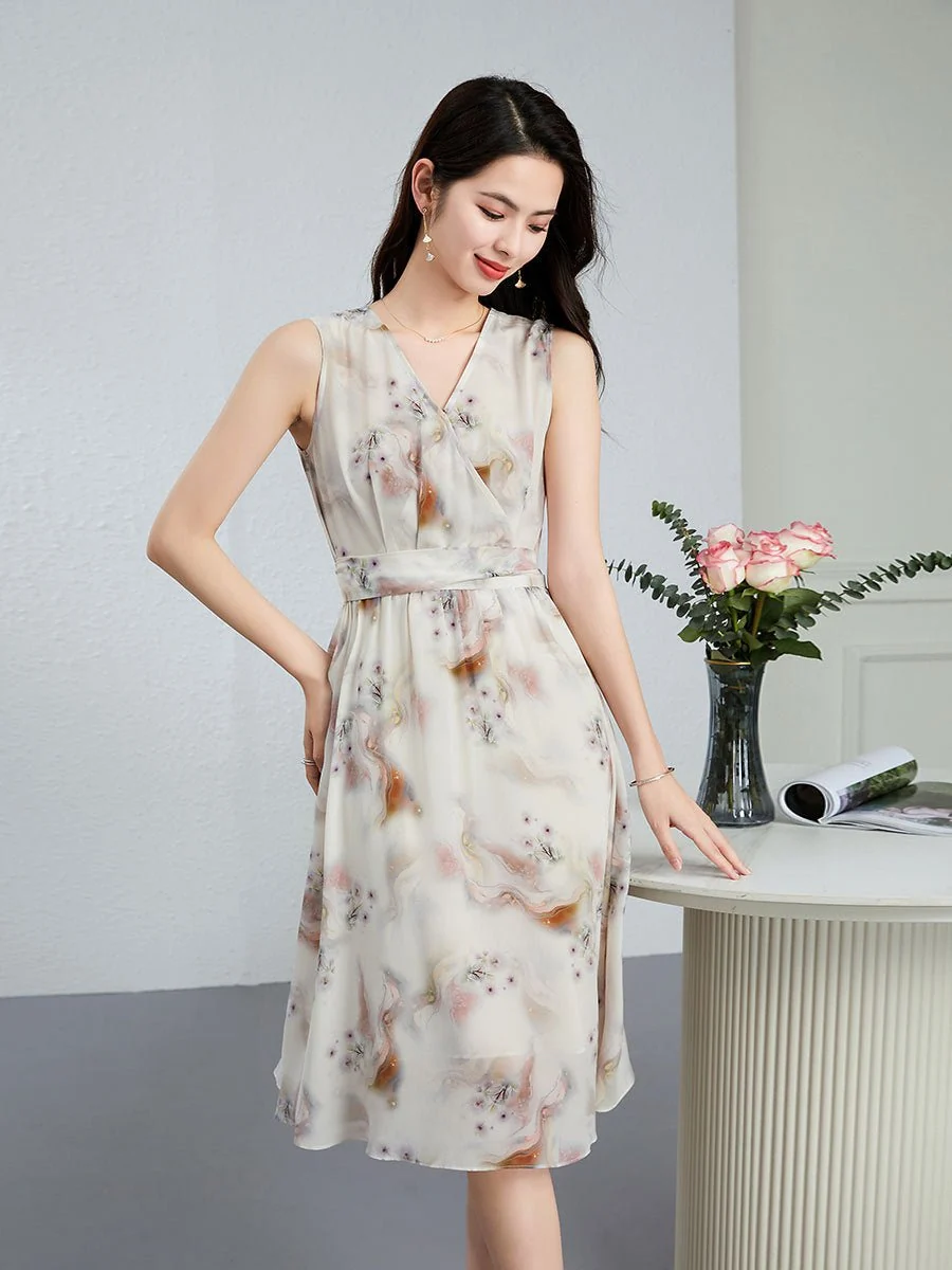Vestido floral de seda sin mangas Vestido midi de seda para mujer Vestido cruzado de seda - Imagen 3