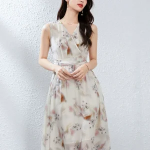 Vestido floral de seda sin mangas Vestido midi de seda para mujer Vestido cruzado de seda
