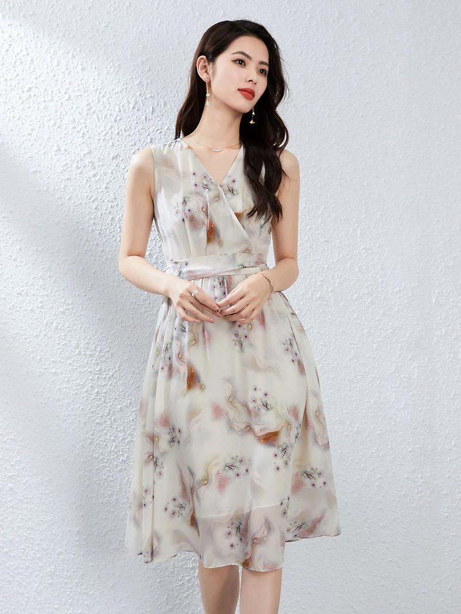 Vestido floral de seda sin mangas Vestido midi de seda para mujer Vestido cruzado de seda
