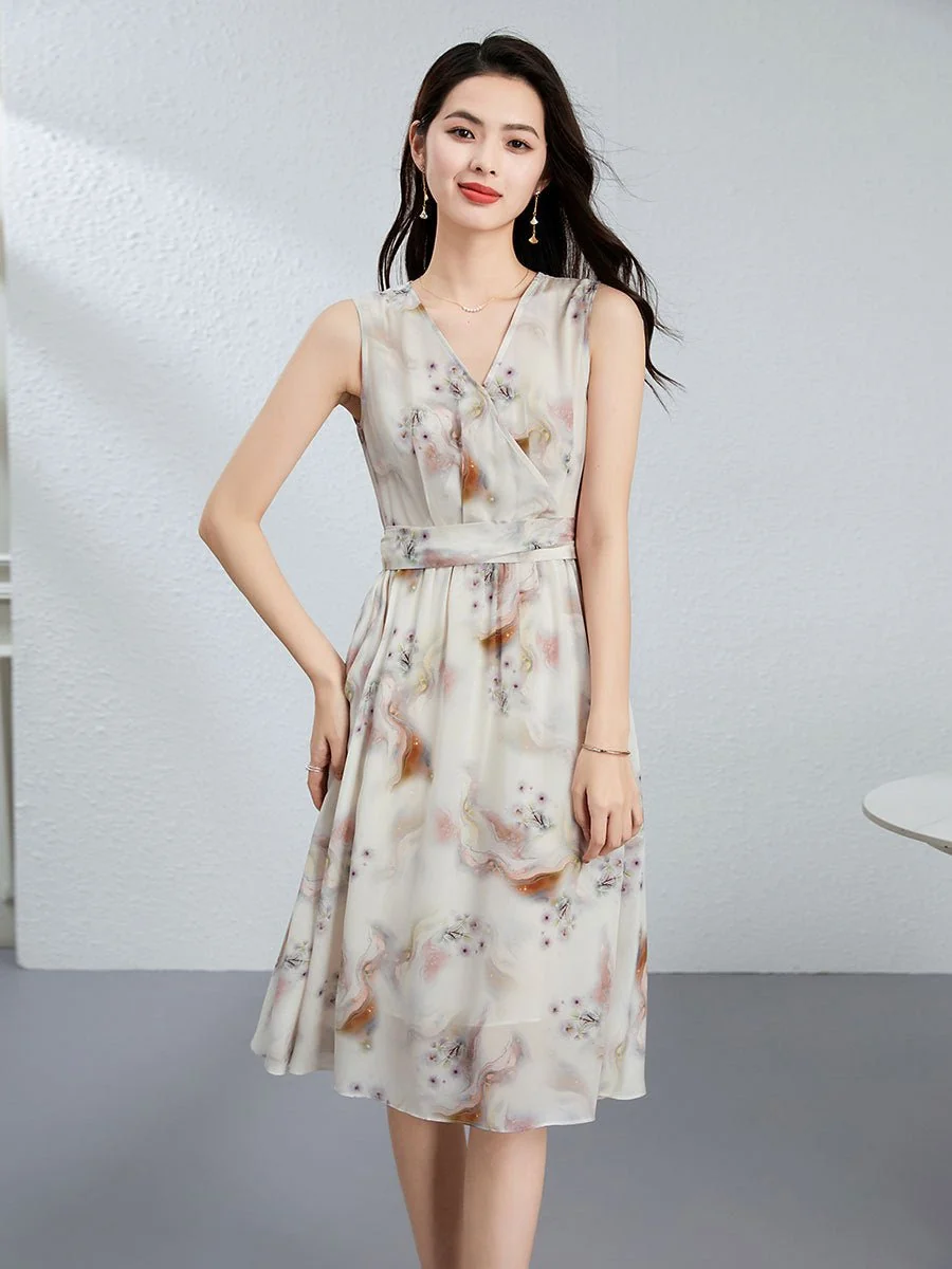 Vestido floral de seda sin mangas Vestido midi de seda para mujer Vestido cruzado de seda - Imagen 4