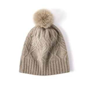 Gorro de pura cachemira con gorro de invierno tejido de ochos con forma de hoja y pompón de pelo