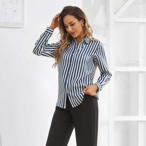 Women Stripe Silk Button Down Blouse Office Work Silk Wishs