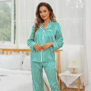 Conjunto de pijama de seda a rayas para mujer Conjunto de pijama de seda de manga larga