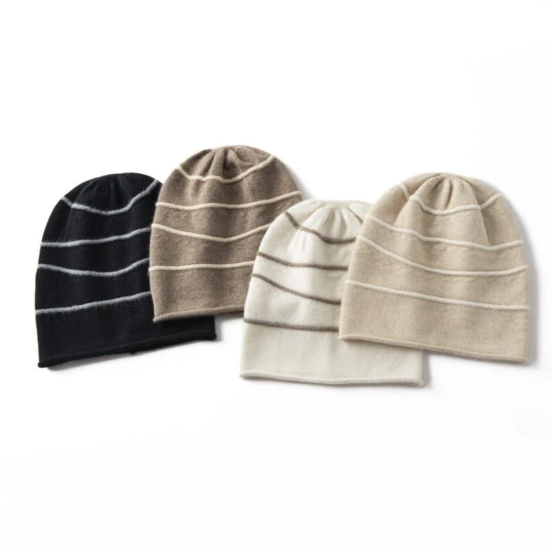 Gorro De Cachemira Pura A Rayas Gorro De Invierno De Cachemira Con Rayas Horizontales - Imagen 6