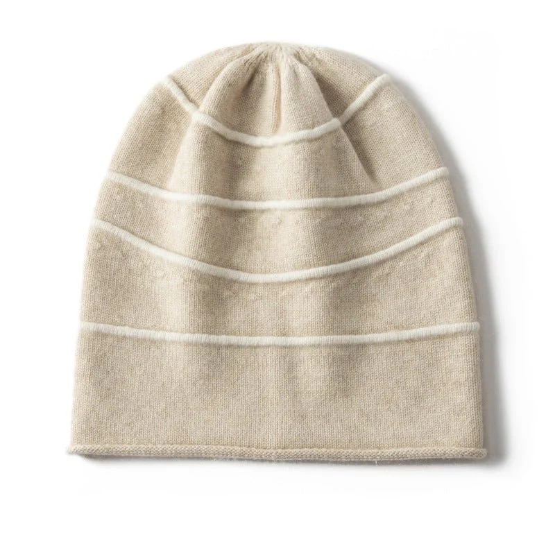 Gorro De Cachemira Pura A Rayas Gorro De Invierno De Cachemira Con Rayas Horizontales - Imagen 3