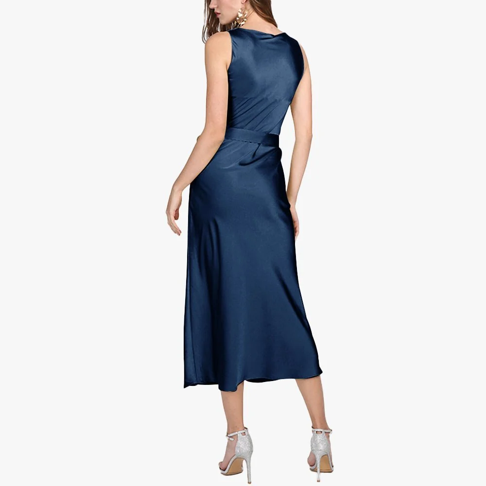 Vestido de seda sin mangas para mujer, vestido midi de seda con cuello vuelto, vestidos de invitados de boda - Imagen 6