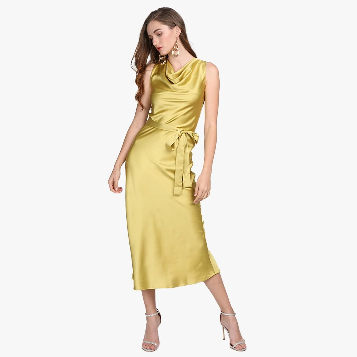 Vestido de seda sin mangas para mujer, vestido midi de seda con cuello vuelto, vestidos de invitados de boda - Imagen 8