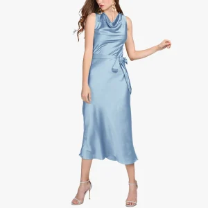 Vestido de seda sin mangas para mujer, vestido midi de seda con cuello vuelto, vestidos de invitados de boda