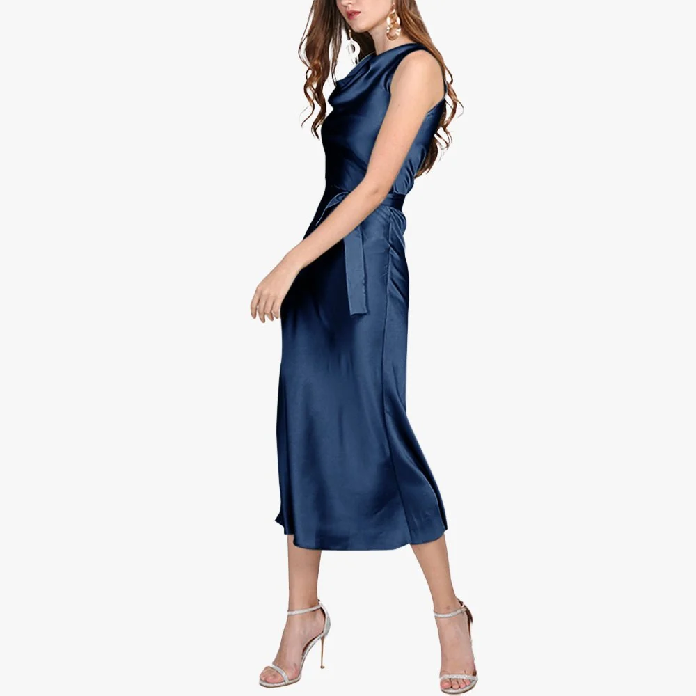 Vestido de seda sin mangas para mujer, vestido midi de seda con cuello vuelto, vestidos de invitados de boda - Imagen 7